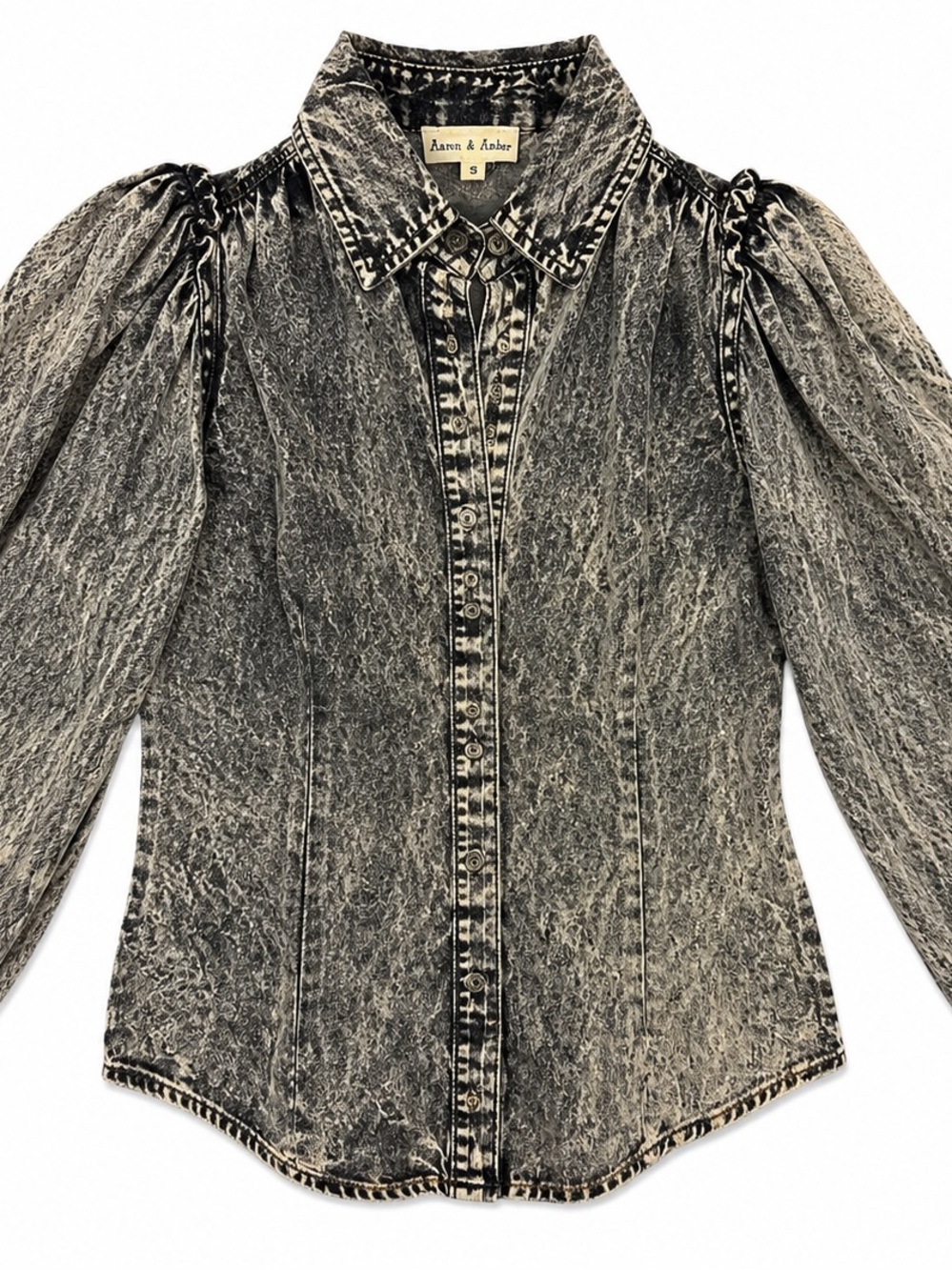 Aaron & Amber Acid Wash Denim Puff Sleeve Button Front Blouse Size Small
